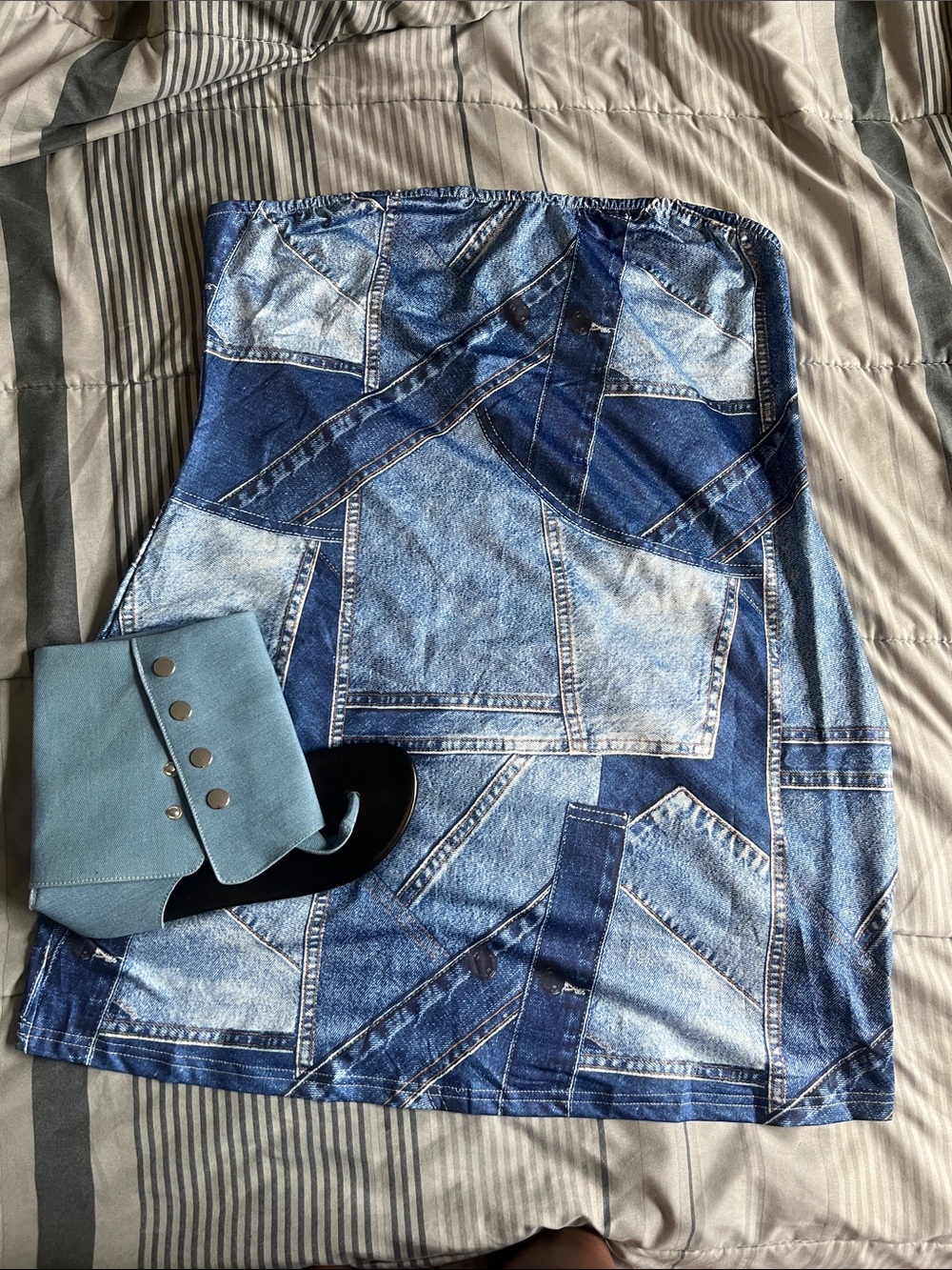 Denim Patchwork Print Strapless Mini Dress - Blue